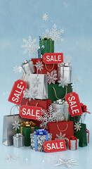 Shopping sale with a large pile of bags and gifts in red, green and silver with discount Sale tags on a blue background with snowflakes