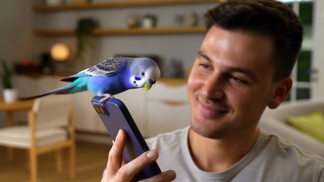 A person and a bird interacting with a mobile phone. The bird is sitting on top of the phone Stock Video