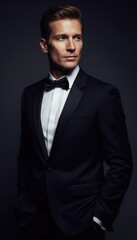 Elegant young handsome man in tuxedo. Studio fashion portrait.