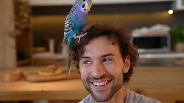A man smiles with a budgie perched on his head. They both look happy with each other Stock Video