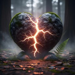 A large, moss-covered heart-shaped stone with a crack emitting lightning in a misty forest setting, symbolizing emotional pain or heartbreak amidst nature