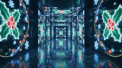 A long illuminated hallway with glowing holly and snowflake designs. Dark and reflective - Powered by Adobe