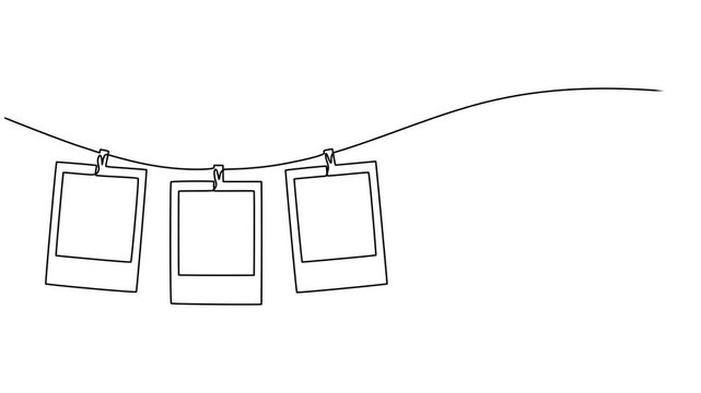 Self drawing animation Photo frames hanging on the rope with clothespins in one continuous line drawing. Full length animation High quality 4k video. Clothesline with pin and peg for photo album style