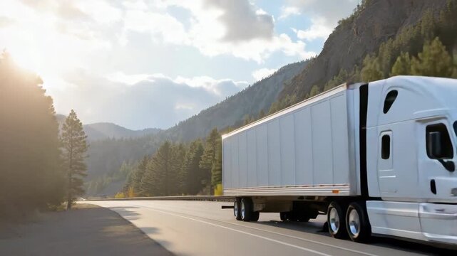 White semi-truck traveling on scenic mountain highway amid forest and hills