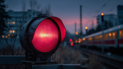 A bright red signal light stands prominently as a warning for an approaching train at dusk. Soft lights from the train can be seen in the background, creating a dramatic effect
