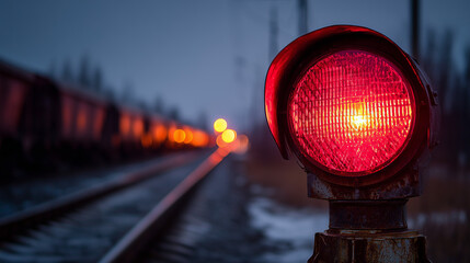 A bright red signal light stands prominently as a warning for an approaching train at dusk. Soft lights from the train can be seen in the background, creating a dramatic effect
