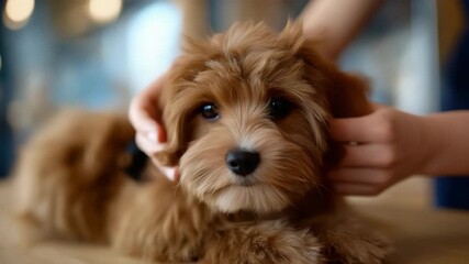 Adorable fluffy brown puppy relaxing indoors with human interaction