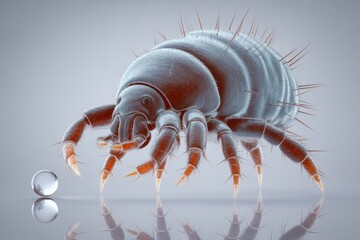 Detailed mite close-up for scientific study or educational purposes, highlighting microscopic details and anatomical features, perfect for research or medical content
