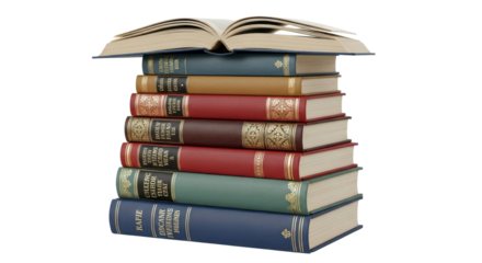 Stack of classic hardcover books with an open volume symbolizing learning and academic knowledge. isolated PNG with Transparent Background