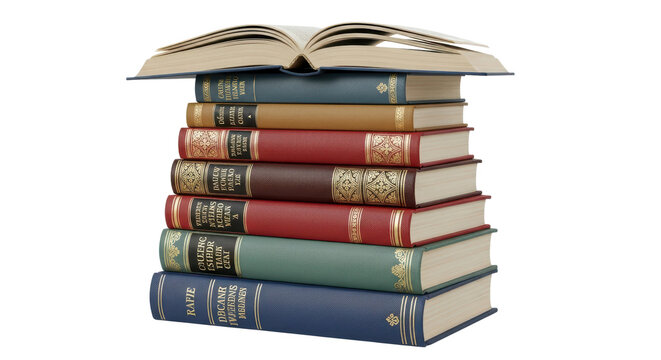 Stack of classic hardcover books with an open volume symbolizing learning and academic knowledge. isolated PNG with Transparent Background