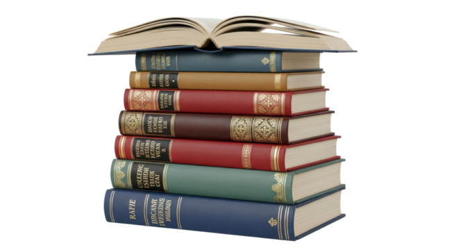 Stack of classic hardcover books with an open volume symbolizing learning and academic knowledge. isolated PNG with Transparent Background