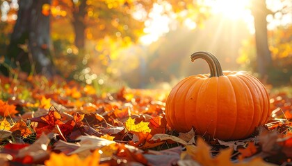 Autumn Pumpkin in a Forest of Colorful Fall Leaves.