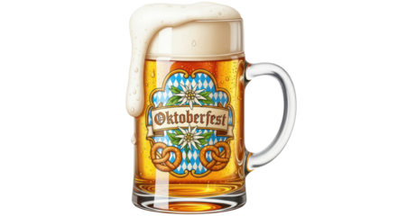 Traditional Oktoberfest mini beer stein with overflowing foam and Bavarian label decoration isolated PNG with Transparent Background