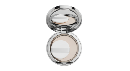Open silver cosmetic compact case with pressed face powder and mirror for beauty advertising isolated PNG with Transparent Background