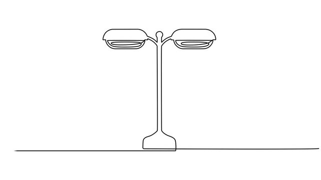 Animated self drawing of continuous line draw vintage garden lamp. Full length one line animation. 4K, Continuous one line drawing garden light, park light, or road light vector illustration, video.