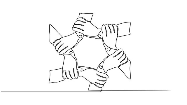 Animated self drawing of one continuous line draw group of young male and female business people unite hands together, form circle shape as unity symbol. Teamwork concept. Full length one line animate