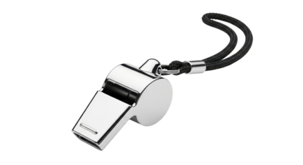 Professional metal whistle with black lanyard used for sports coaching, refereeing, and safety alert. isolated PNG with Transparent Background