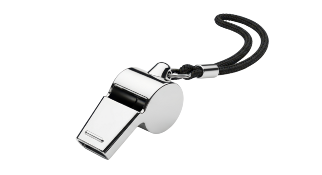 Professional metal whistle with black lanyard used for sports coaching, refereeing, and safety alert. isolated PNG with Transparent Background