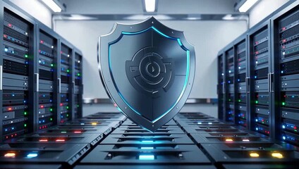 A metallic security shield with a futuristic symbol floating in a modern data center with glowing server racks. - Powered by Adobe