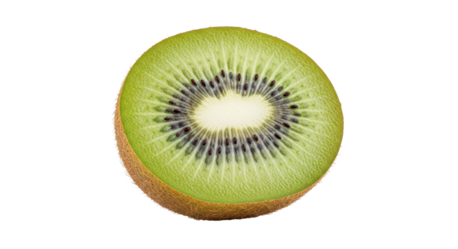 Macro shot of fresh, ripe green kiwi fruit half slice for healthy eating and nutrition isolated PNG with Transparent Background