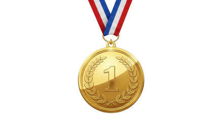 Realistic shiny gold medal first place award with red, white, and blue ribbon isolated PNG with Transparent Background
