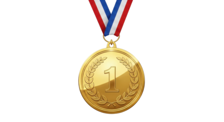 Realistic shiny gold medal first place award with red, white, and blue ribbon isolated PNG with Transparent Background