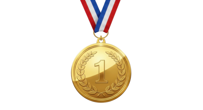 Realistic shiny gold medal first place award with red, white, and blue ribbon isolated PNG with Transparent Background - Powered by Adobe
