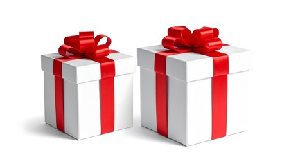 Obraz premium Two White Gift Boxes with Red Ribbons on White Background.