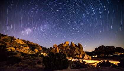 Star trails over rocky landscape under a dark sky.