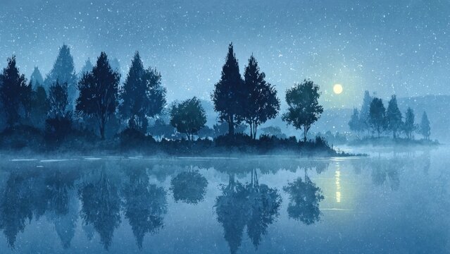 水彩の湖畔夜景