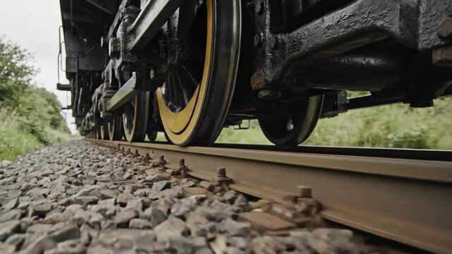 The image shows a railway carriage standing on the rails. The massive black wheels of the wagon with yellow rims are visible. The wheels rest on rusty metal rails that lie on the rubble.
Green grass g
