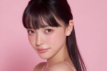 ピンク背景の若い女性ビューティーポートレート、ツヤ肌ナチュラルメイクのコスメ広告向け