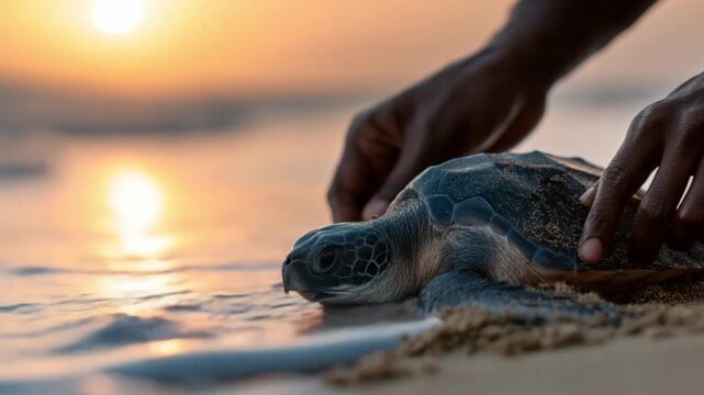 Guardian of the Sea: A pair of hands gently guides a sea turtle back towards the ocean, symbolizing the delicate balance between humanity and nature, illuminated by the warm hues of a sunrise.