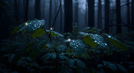 Close-up view of dew-covered leaves in a dark, misty forest with sunlight filtering through the tall trees in the background during early morning hours