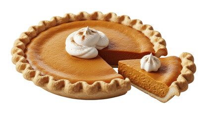 Delicious homemade pumpkin pie slice topped with whipped cream, perfect for holiday menus. isolated PNG with Transparent Background