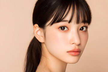 ベージュ背景の若い女性ビューティーポートレート、素肌感を生かしたベースメイククローズアップ