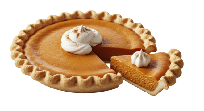Delicious homemade pumpkin pie slice topped with whipped cream, perfect for holiday menus. isolated PNG with Transparent Background