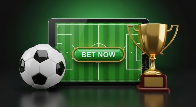 Online Football Betting App Concept: Digital Soccer Field with a 'Bet Now' Button, Championship Trophy, and Soccer Ball on a Dark Background