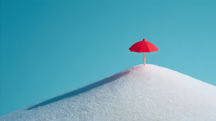砂糖の山に立つ赤いビーチパラソルのミニマルサマーコンセプト、ネガティブスペース背景