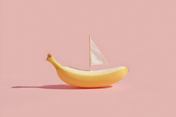 ピンク背景にバナナを帆船に見立てたミニマルフードコンセプト、遊び心あるサマーキャンペーン向けイメージ