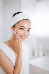 スキンケア タオルヘアバンドの若い女性が洗顔後に頬をなでながら微笑むクリーンビューティーライフスタイル