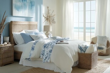 A coastal bedroom with light, airy colors, natural light, and nautical decor accents. 