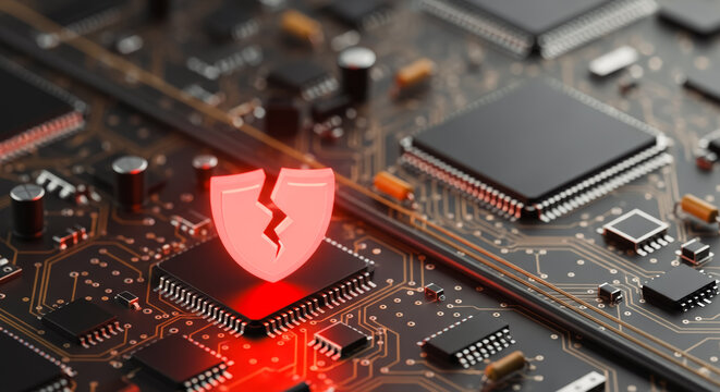 An abstract representation of the digital realm, this image conveys a sense of vulnerability and danger within technology, with a broken shield signifying security breach.