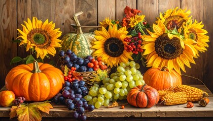 Autumn Harvest Bounty - A Vibrant Display of Pumpkins, Sunflowers, and Grapes.
