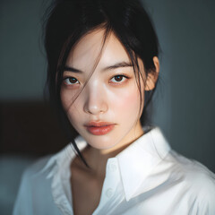 ポートレート写真 白いシャツの若い女性モデル 自然光で撮影したエモーショナルなビューティーイメージ