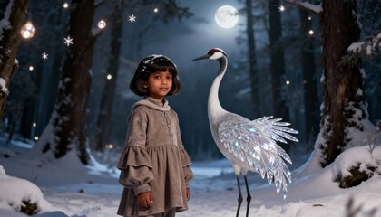 Obraz premium A young girl stands with a majestic crane in a magical, moonlit winter forest
