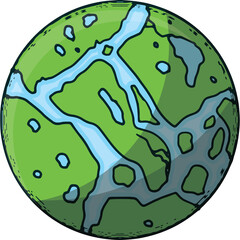 Pixel Art Representation Of An Alien Planet With Green Continents And Blue Waterways Under A Grey Sky With Shadows And Light Accents