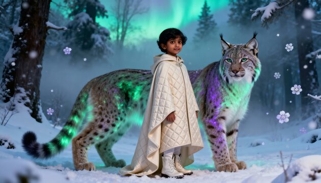 A young child stands with a mystical lynx and a glowing leopard in a snowy forest under the aurora borealis - Powered by Adobe