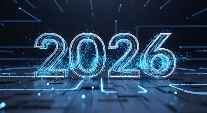 Year 2026 on futuristic circuit board with glowing blue light effect