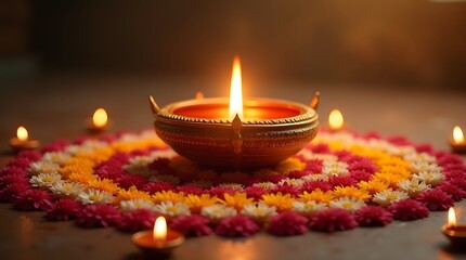 Radiant Diwali celebration with traditional diya lamp and vibrant rangoli design for warm cultural promotions
